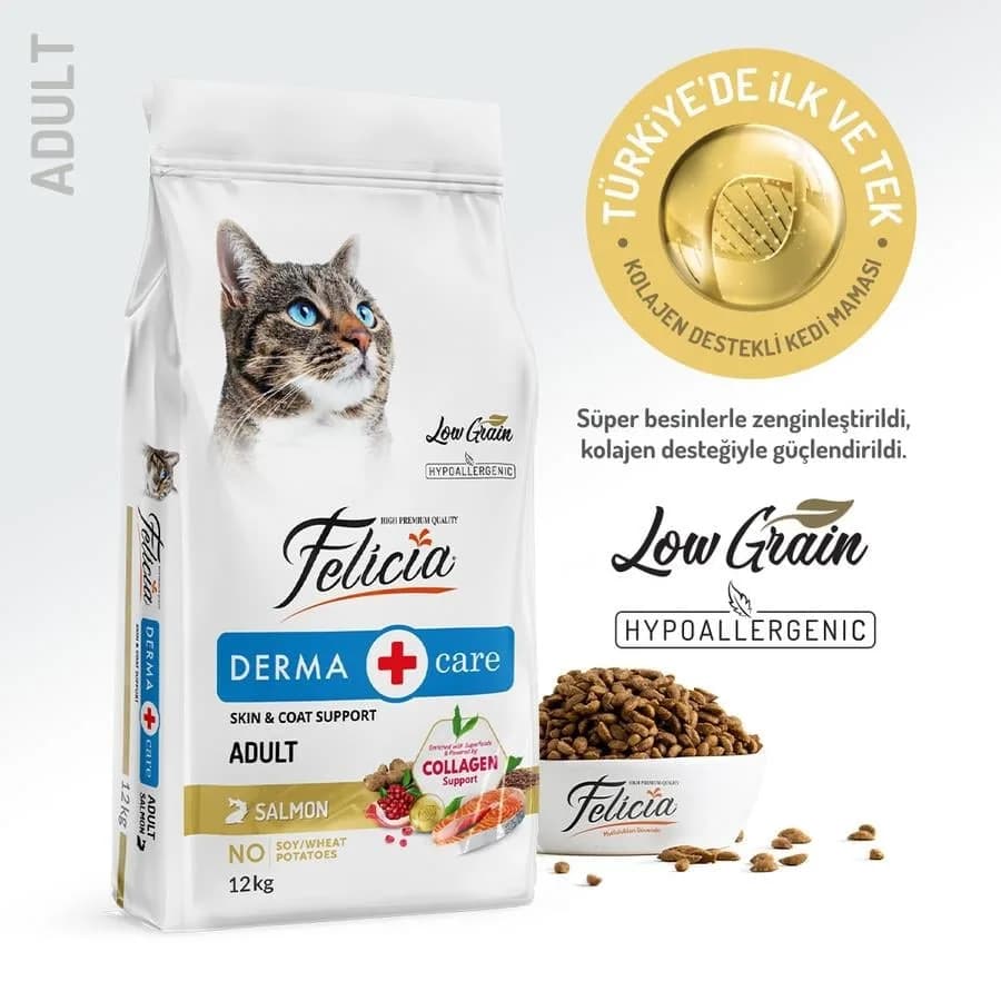 Felicia Derma+Care Skin & Coat Support Adult Salmon Hypoallergenic Cat 12 Kg - Kedi Kuru Maması